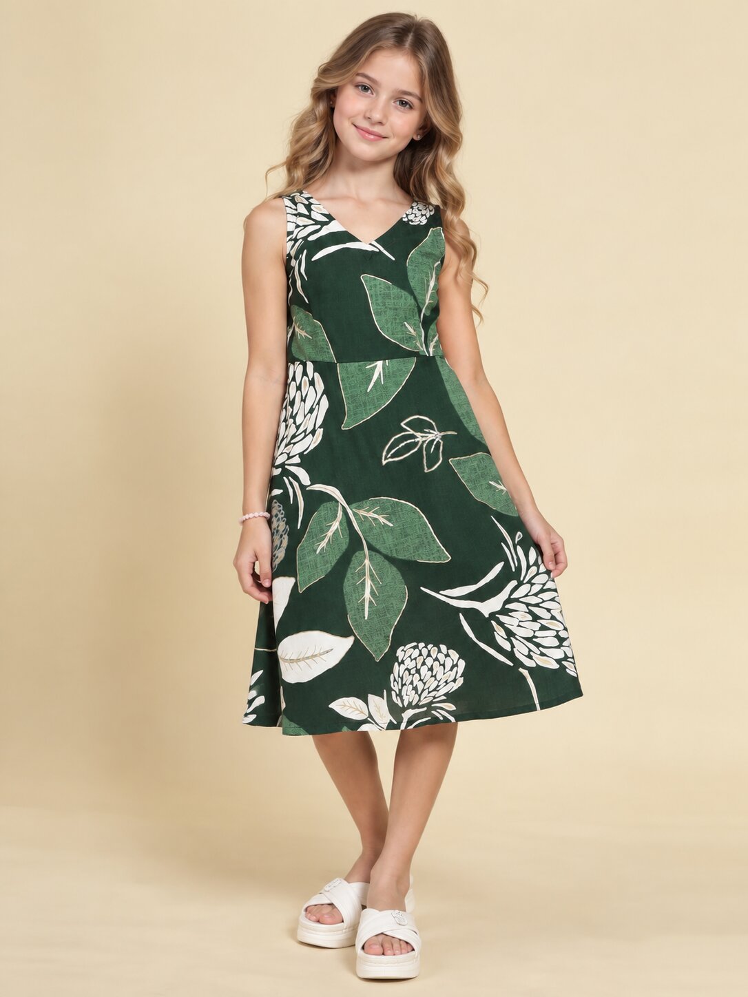 Girls Green Ethnic Motifs Digital Print Fit and Flare Midi Dress