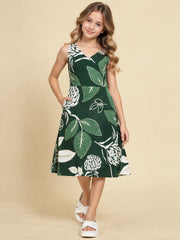 Girls Green Ethnic Motifs Digital Print Fit and Flare Midi Dress
