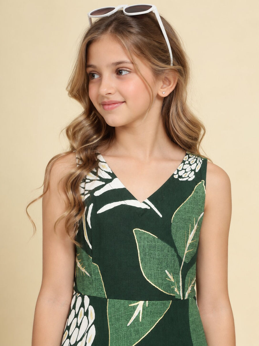 Girls Green Ethnic Motifs Digital Print Fit and Flare Midi Dress