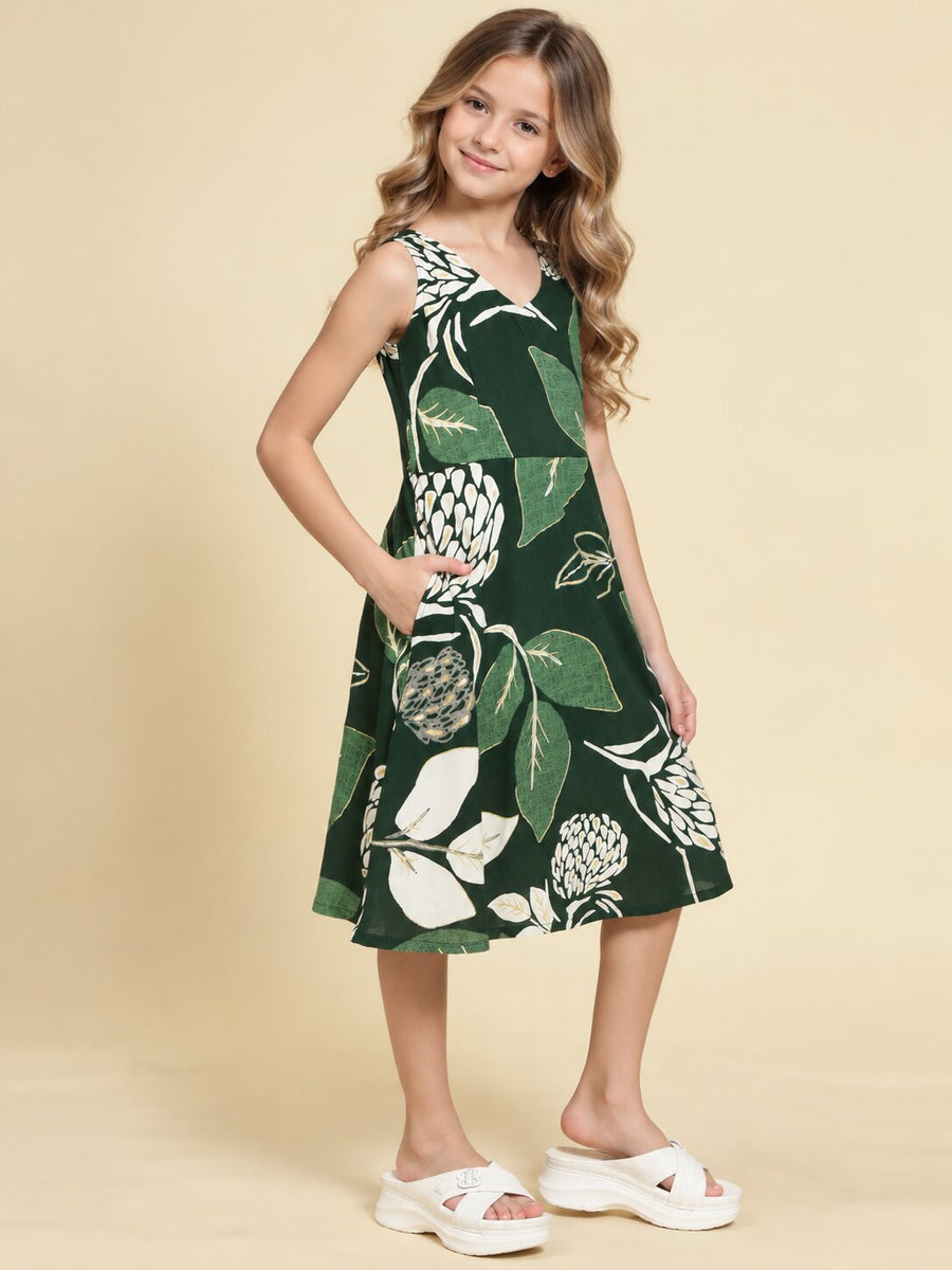Girls Green Ethnic Motifs Digital Print Fit and Flare Midi Dress