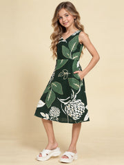 Girls Green Ethnic Motifs Digital Print Fit and Flare Midi Dress