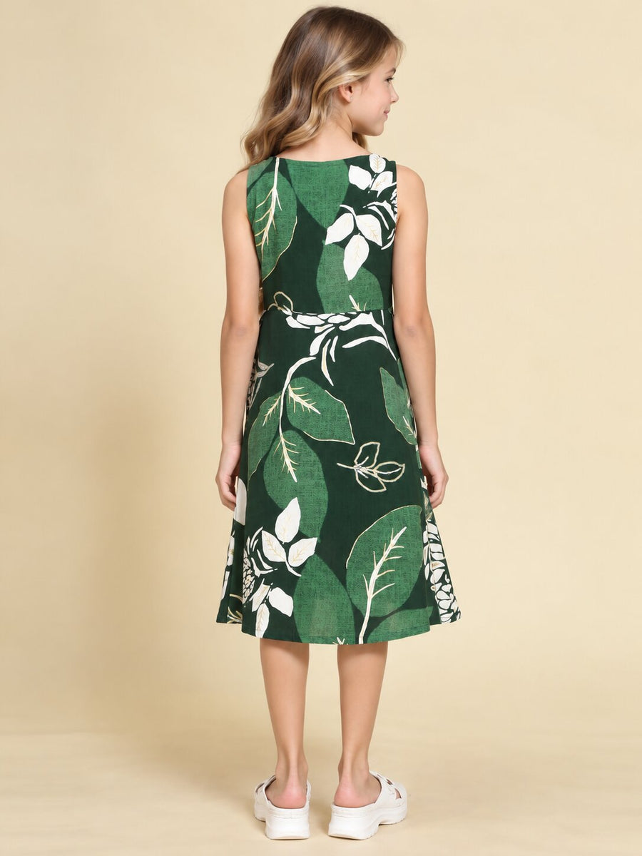 Girls Green Ethnic Motifs Digital Print Fit and Flare Midi Dress