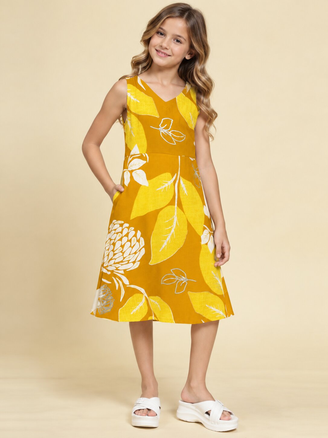 Girls Mustard Ethnic Motifs Digital Print Fit and Flare Midi Dress