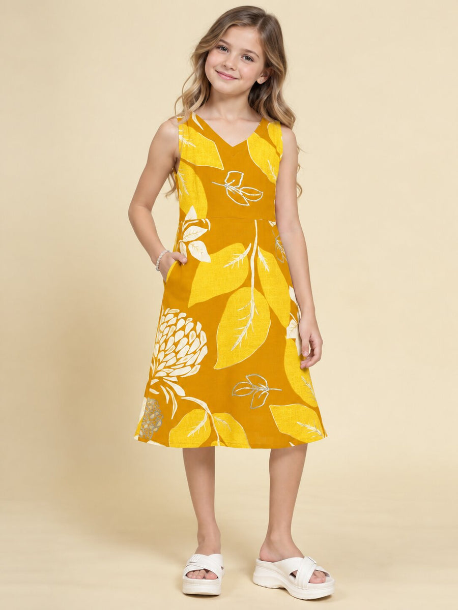 Girls Mustard Ethnic Motifs Digital Print Fit and Flare Midi Dress