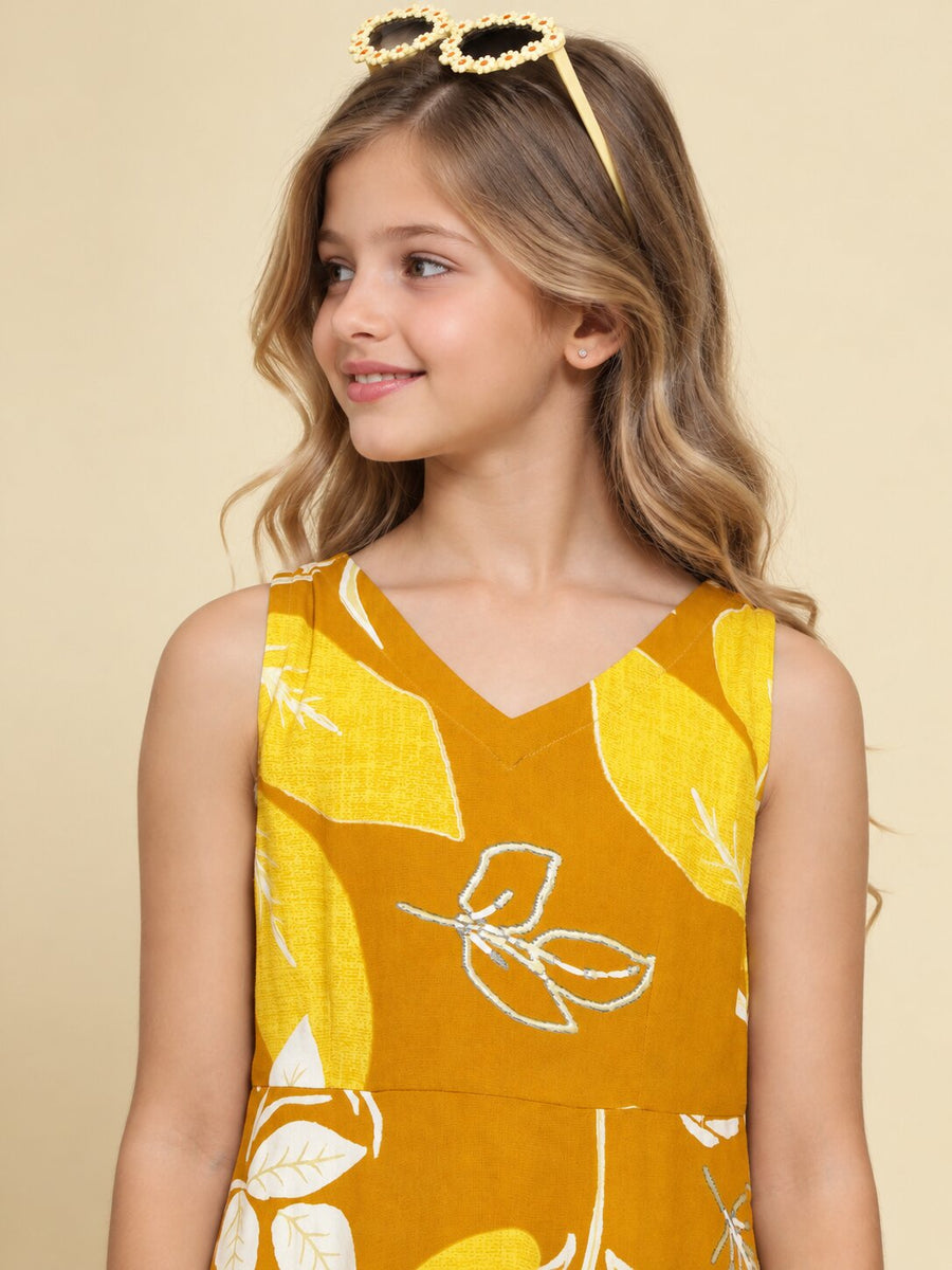 Girls Mustard Ethnic Motifs Digital Print Fit and Flare Midi Dress
