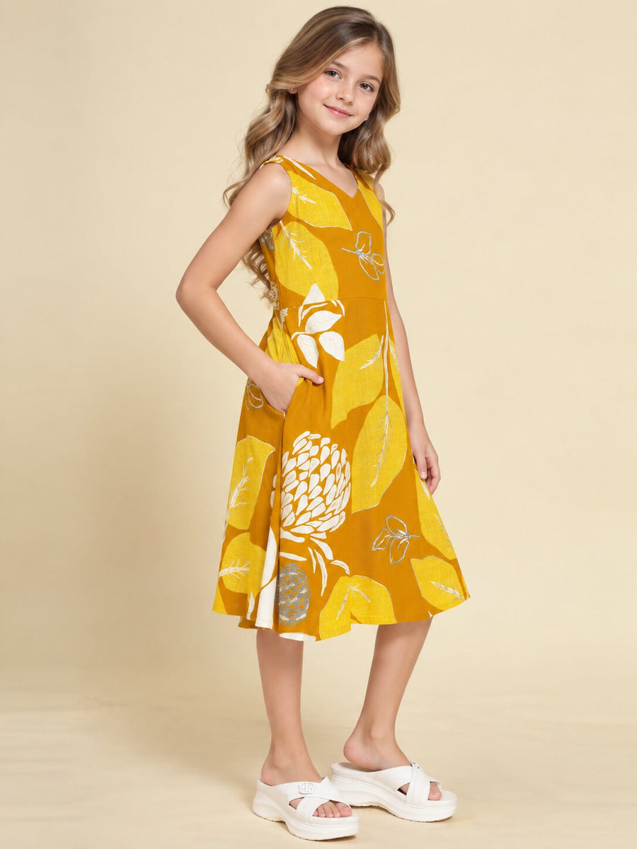 Girls Mustard Ethnic Motifs Digital Print Fit and Flare Midi Dress