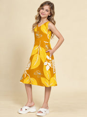 Girls Mustard Ethnic Motifs Digital Print Fit and Flare Midi Dress