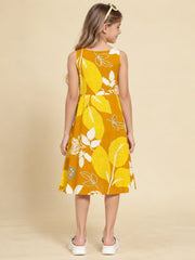 Girls Mustard Ethnic Motifs Digital Print Fit and Flare Midi Dress