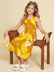Girls Mustard Ethnic Motifs Digital Print Fit and Flare Midi Dress