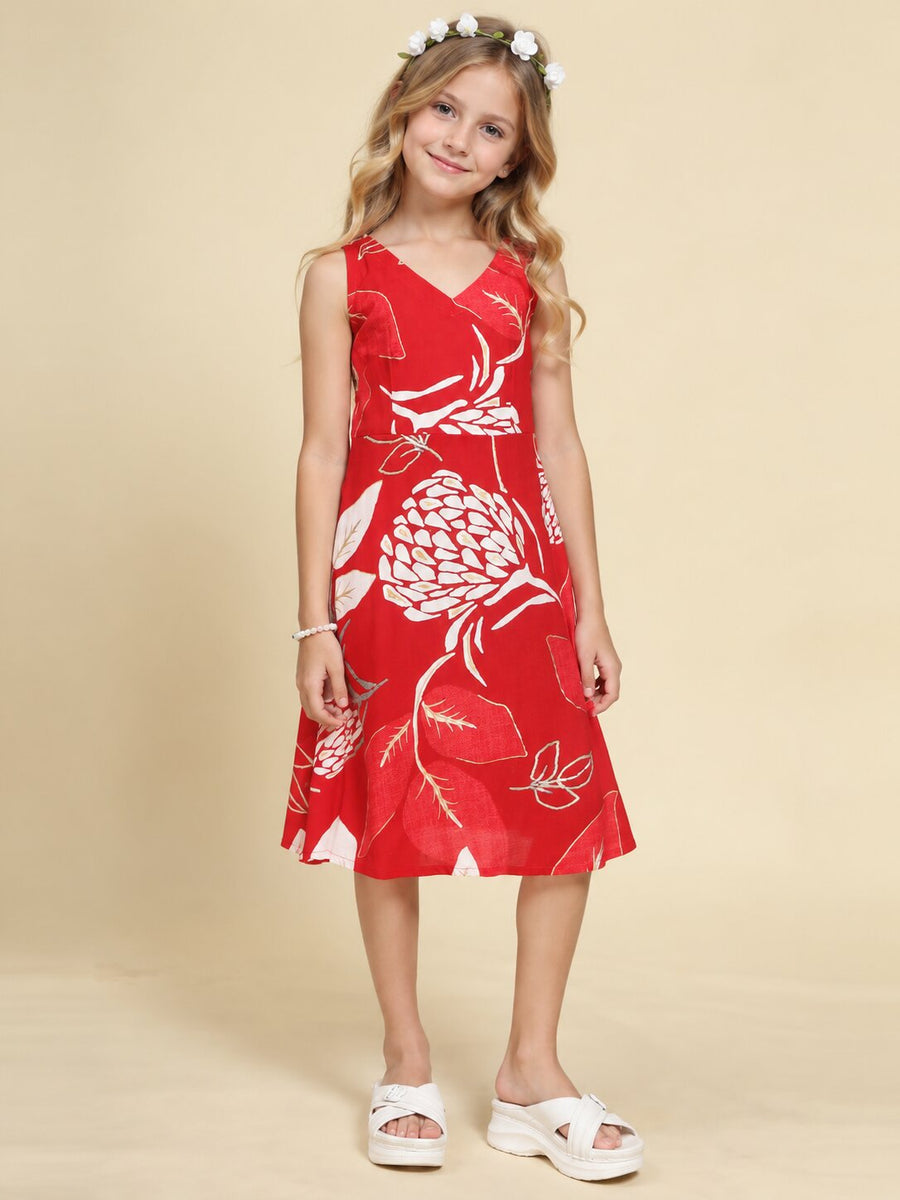 Girls Red Ethnic Motifs Digital Print Fit and Flare Midi Dress