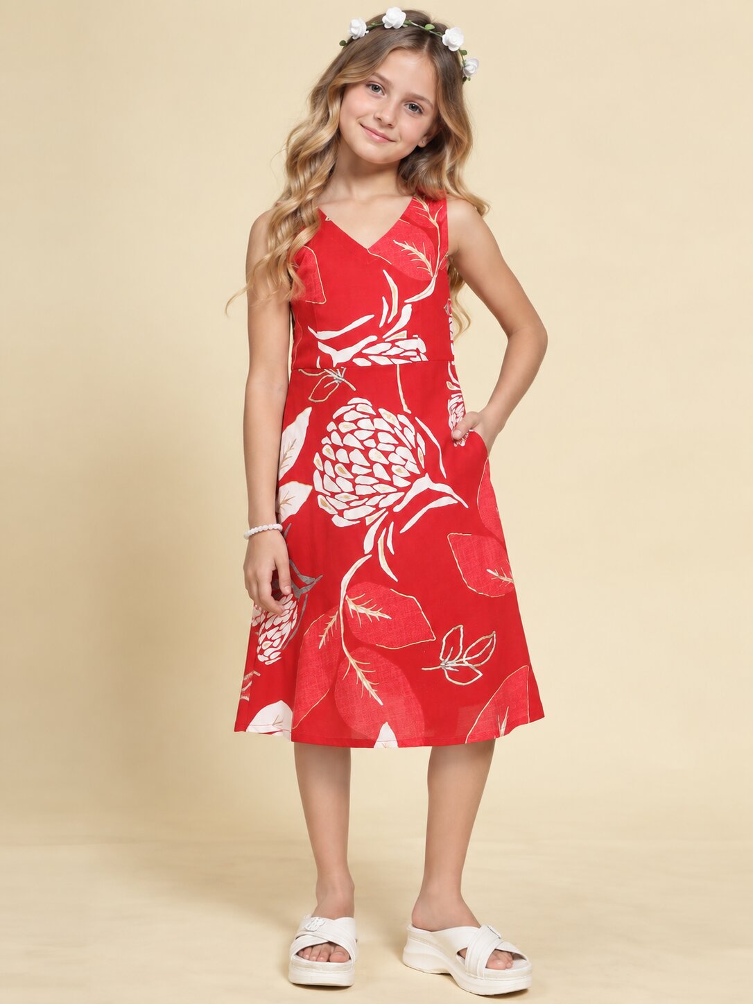 Girls Red Ethnic Motifs Digital Print Fit and Flare Midi Dress