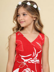 Girls Red Ethnic Motifs Digital Print Fit and Flare Midi Dress
