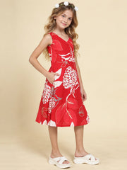 Girls Red Ethnic Motifs Digital Print Fit and Flare Midi Dress