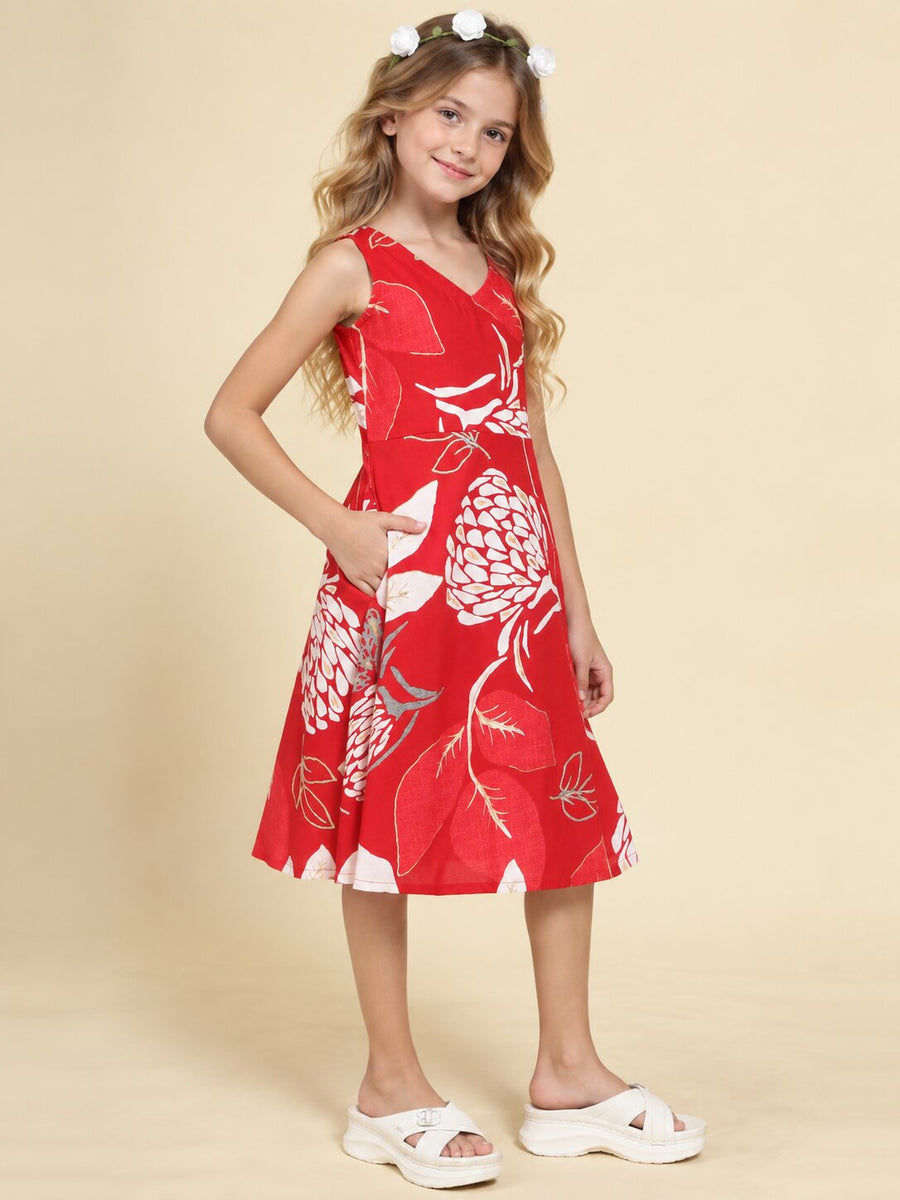 Girls Red Ethnic Motifs Digital Print Fit and Flare Midi Dress