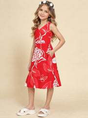Girls Red Ethnic Motifs Digital Print Fit and Flare Midi Dress