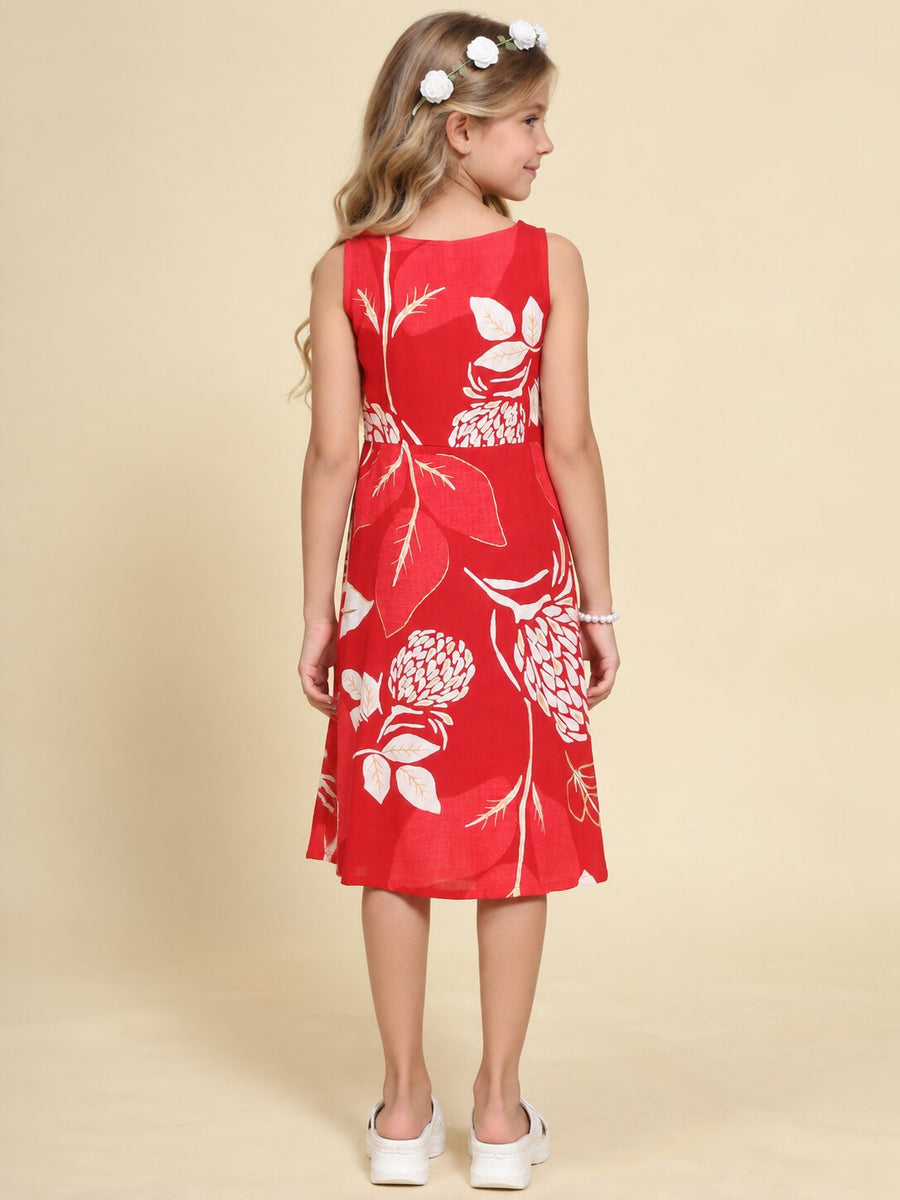 Girls Red Ethnic Motifs Digital Print Fit and Flare Midi Dress
