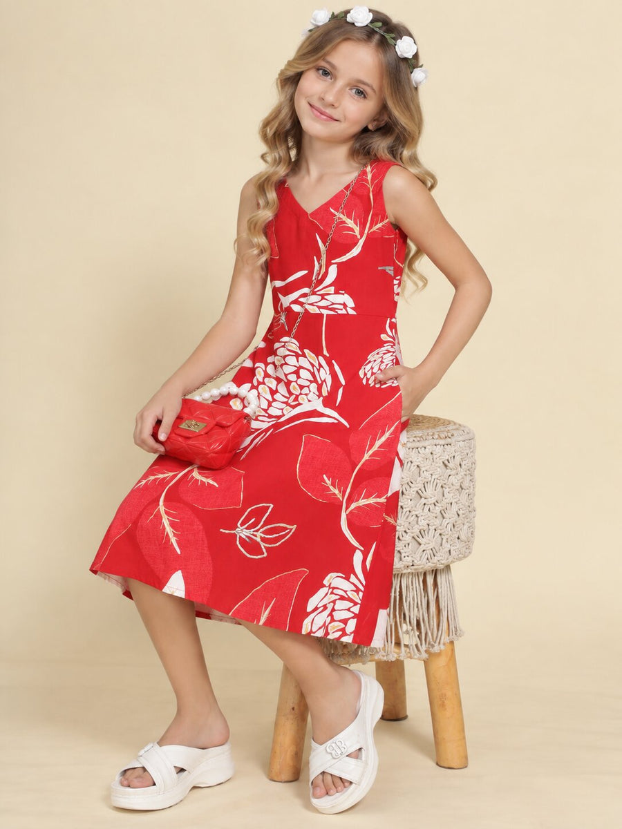 Girls Red Ethnic Motifs Digital Print Fit and Flare Midi Dress