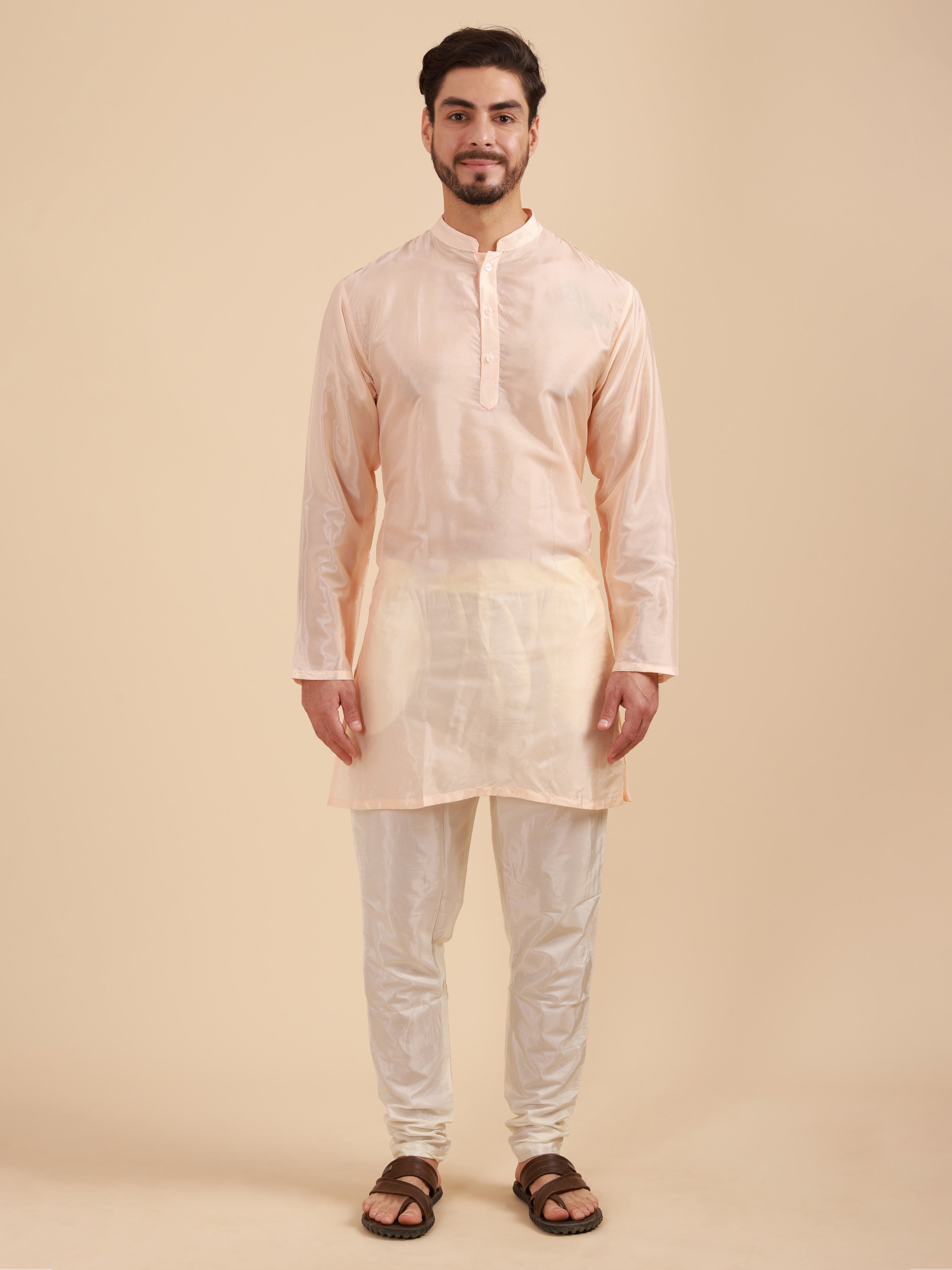Men Solid Colour Art Silk Mandarin Collar Kurta & Pyjama