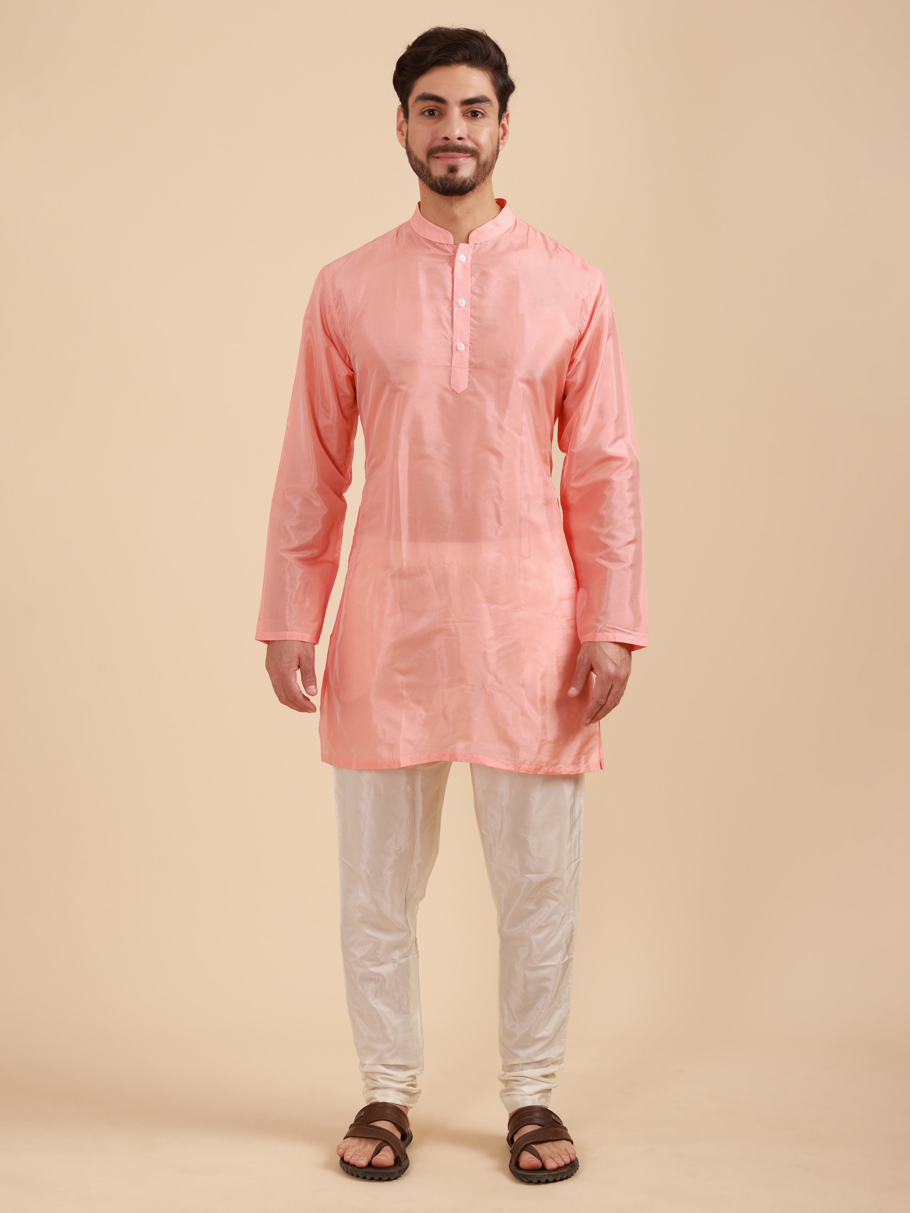 Men Solid Colour Art Silk Mandarin Collar Kurta & Pyjama