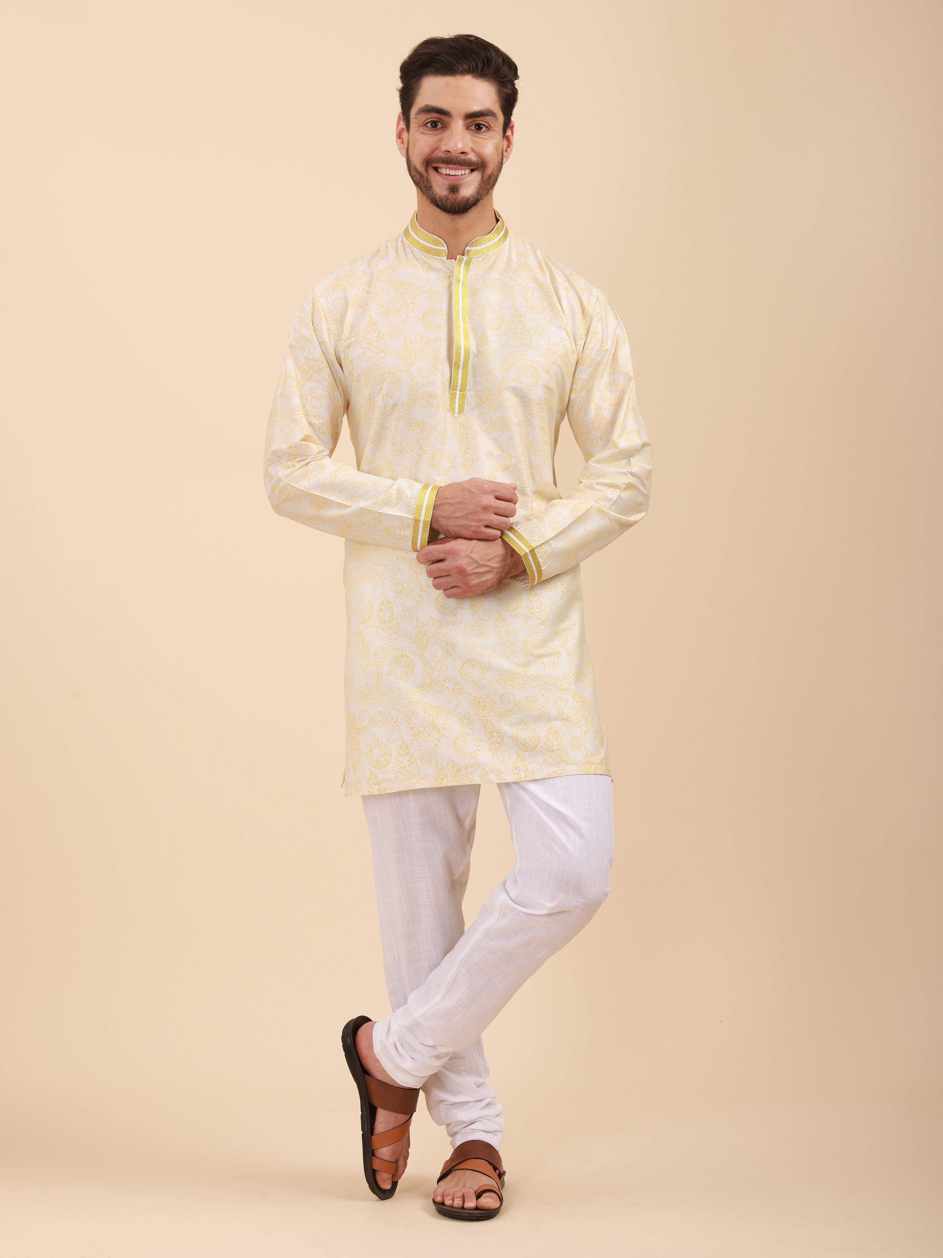 Men Floral Print Soft Silk Mandarin Collar Kurta & Pyjama Set