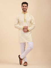Men Floral Print Soft Silk Mandarin Collar Kurta & Pyjama Set