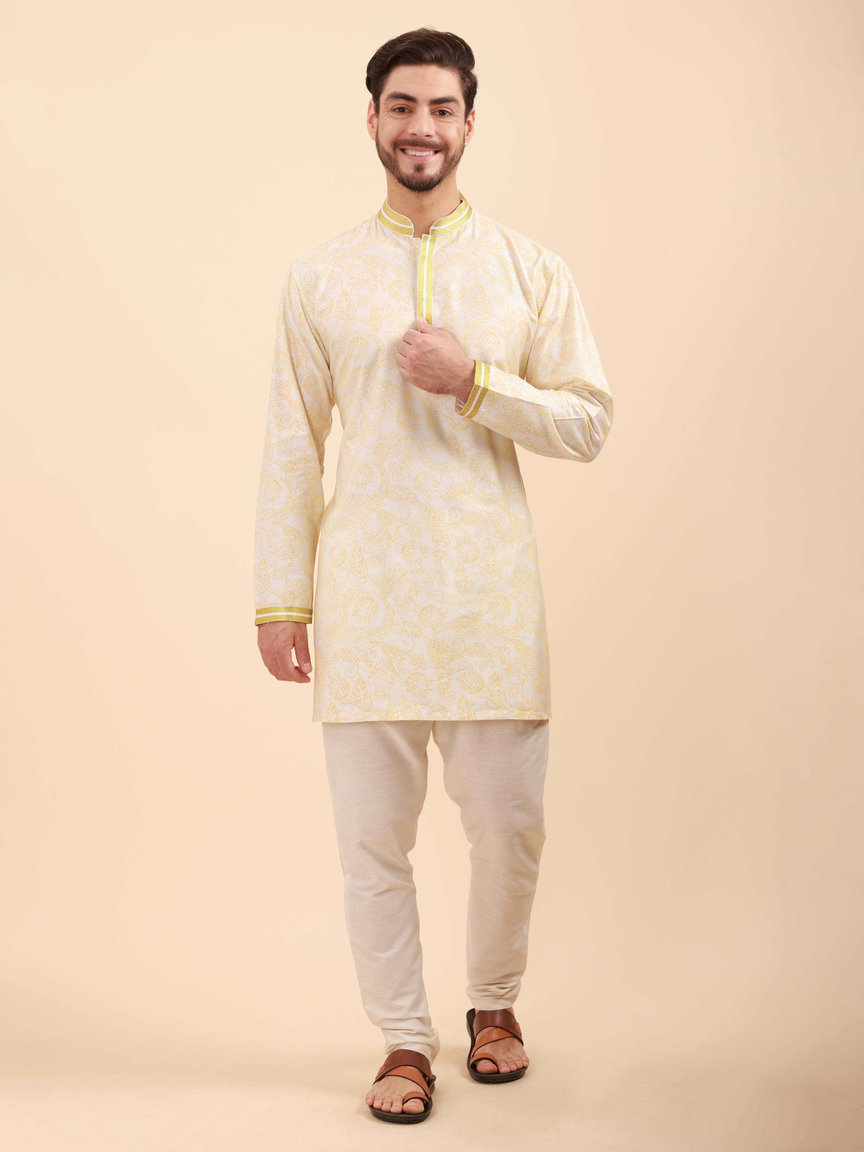 Men Floral Print Soft Silk Mandarin Collar Kurta & Pyjama Set
