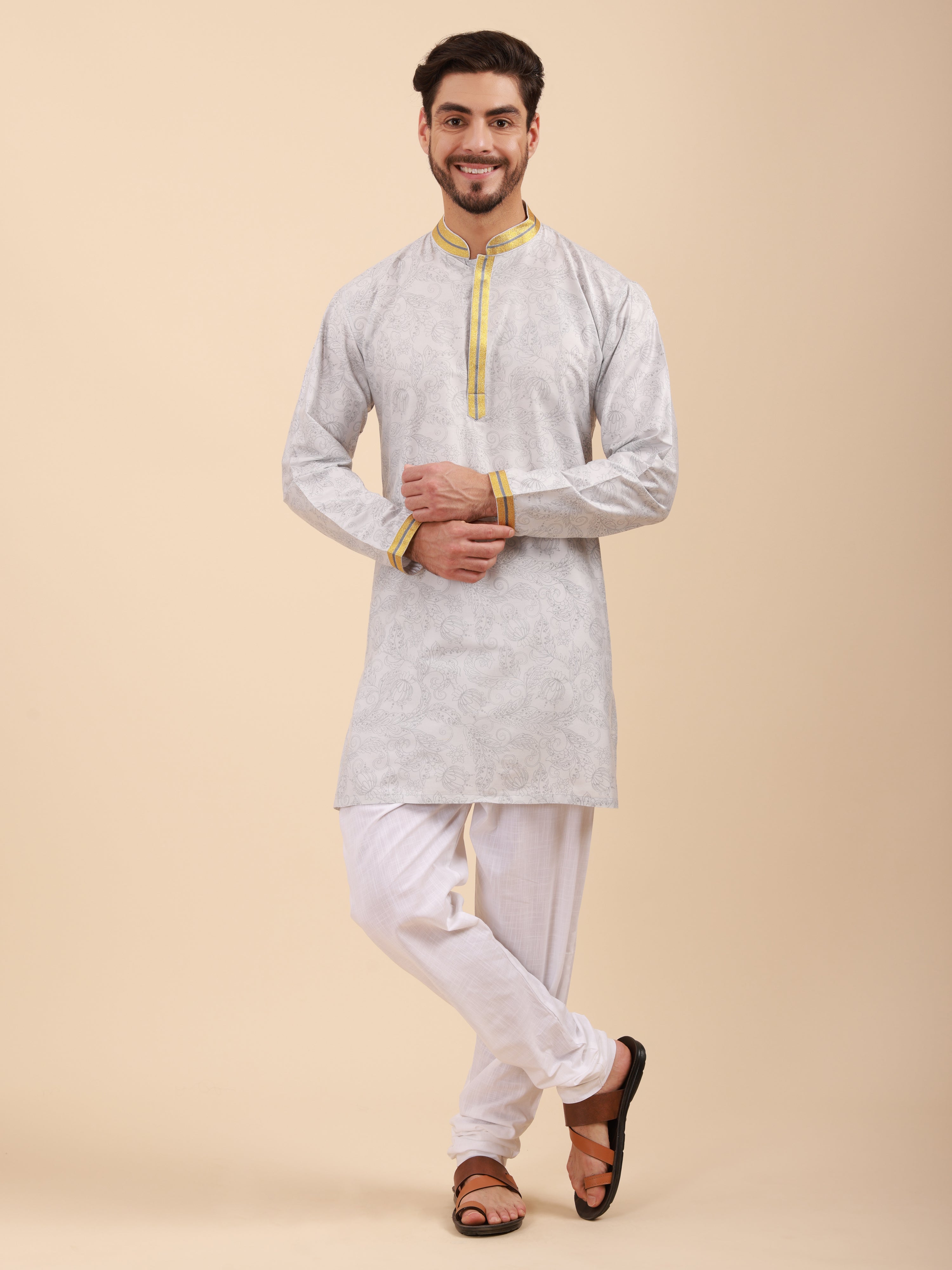 Men Floral Print Soft Silk Mandarin Collar Kurta & Pyjama Set