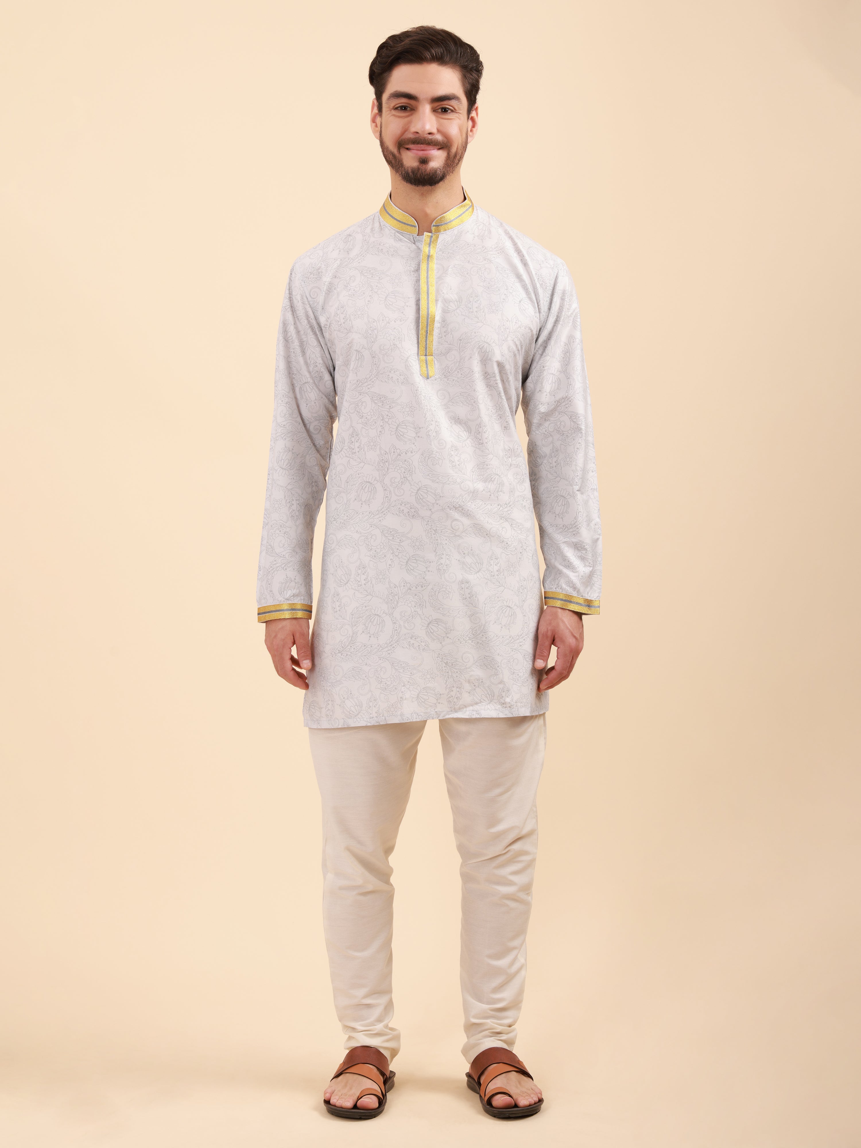 Men Floral Print Soft Silk Mandarin Collar Kurta & Pyjama Set