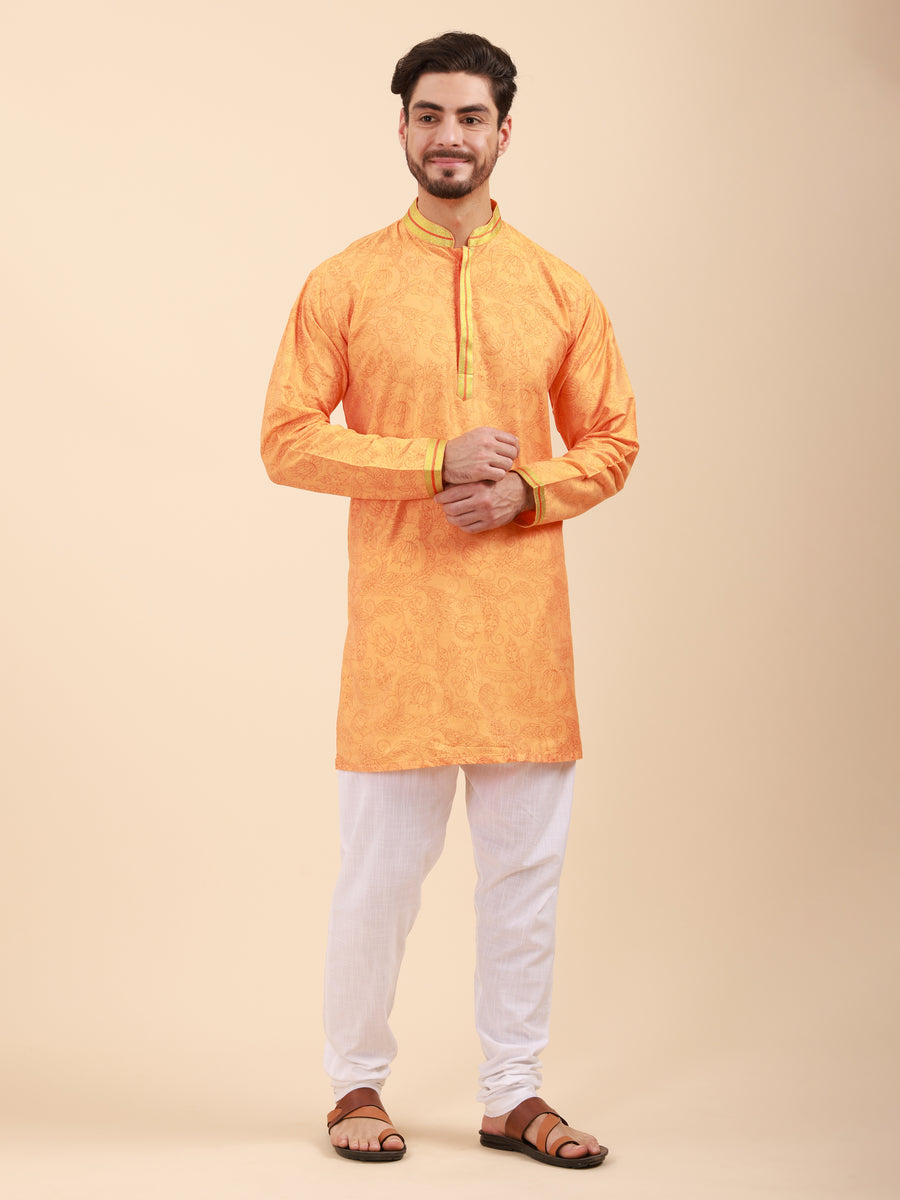 Men Floral Print Soft Silk Mandarin Collar Kurta & Pyjama Set