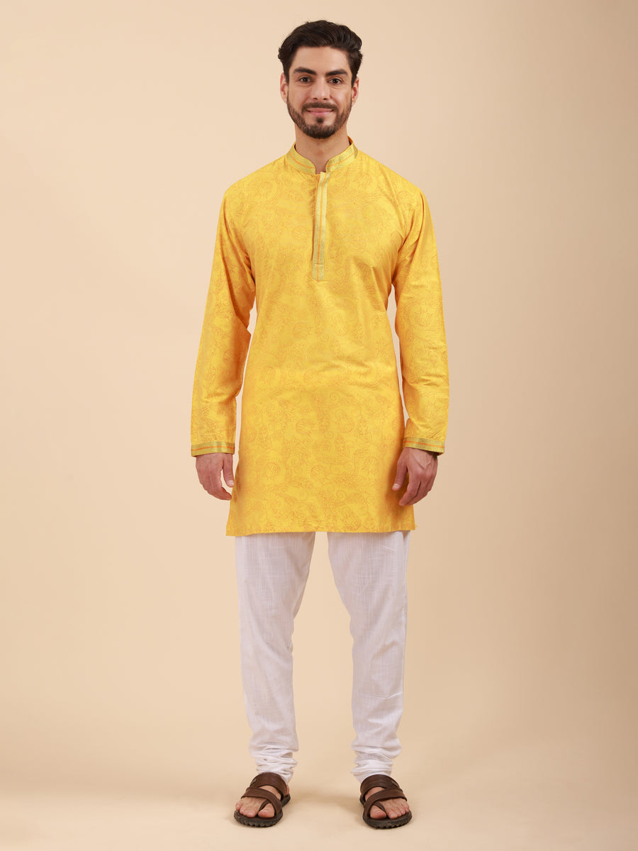 Men Floral Print Soft Silk Mandarin Collar Kurta & Pyjama Set
