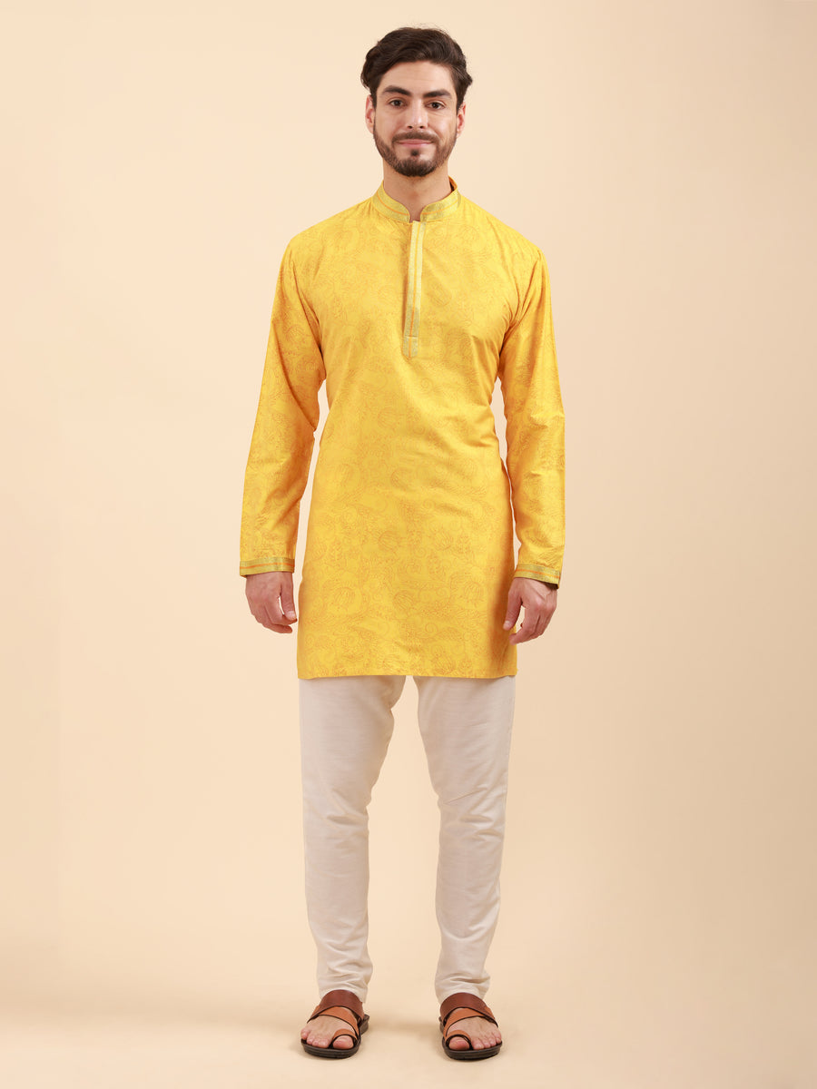 Men Floral Print Soft Silk Mandarin Collar Kurta & Pyjama Set