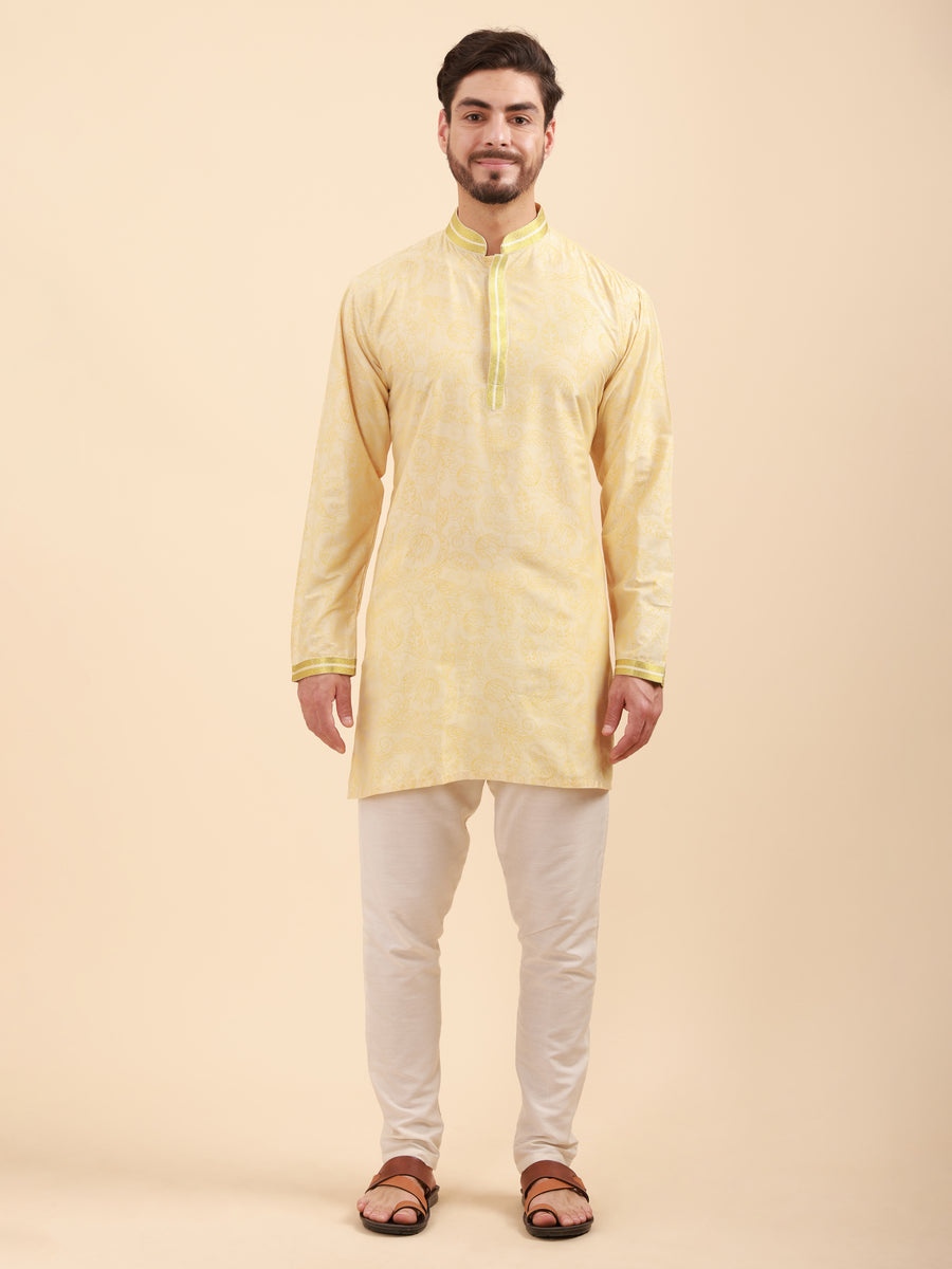Men Floral Print Soft Silk Mandarin Collar Kurta & Pyjama Set