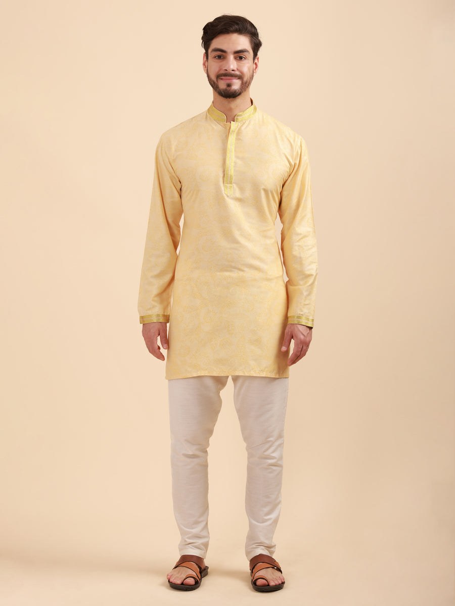 Men Floral Print Soft Silk Mandarin Collar Kurta & Pyjama Set