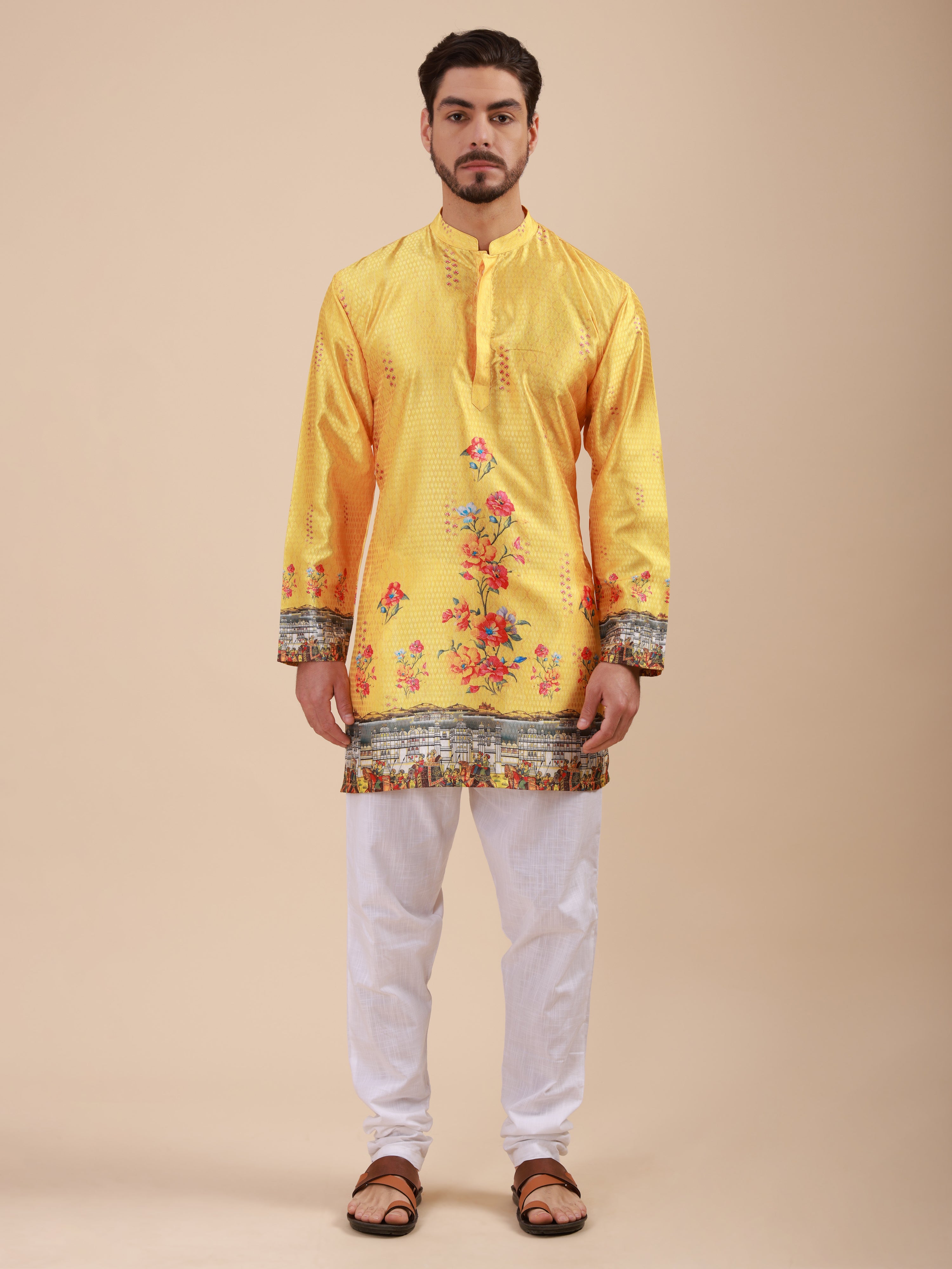 Men Solid Colour Art Silk Mandarin Collar Kurta