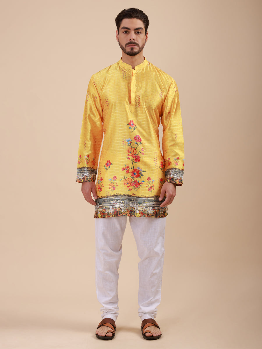 Men Solid Colour Art Silk Mandarin Collar Kurta