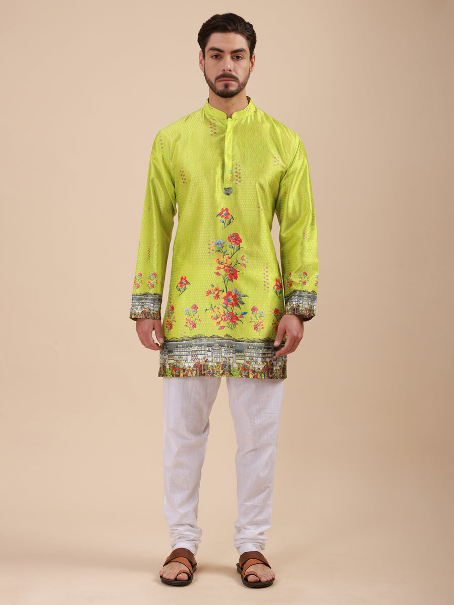 Men Solid Colour Art Silk Mandarin Collar Kurta