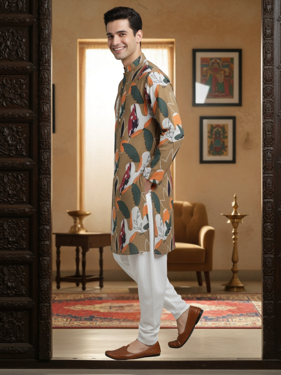 Men Digital Print Cotton Kurta | Mandarin Collar, Side Pockets, Button Closure | Ethnic Wear for Men – Machine Washable