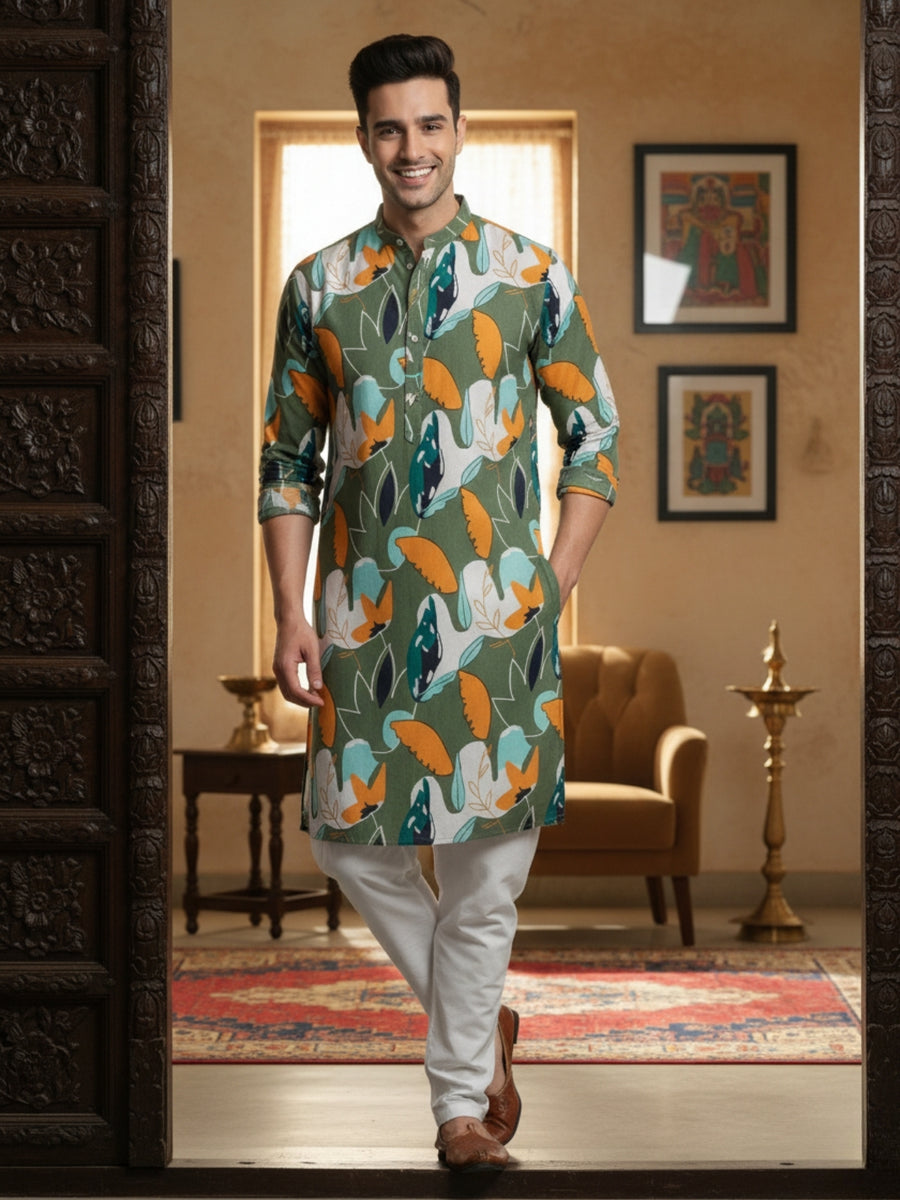 Men Digital Print Cotton Kurta | Mandarin Collar, Side Pockets, Button Closure | Ethnic Wear for Men – Machine Washable