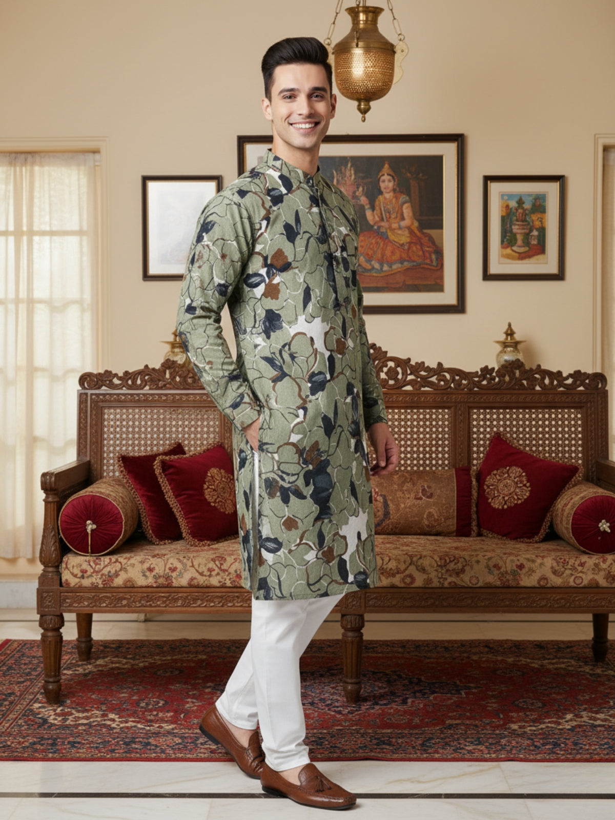 Men Digital Print Cotton Kurta | Mandarin Collar, Side Pockets, Button Closure | Ethnic Wear for Men – Machine Washable