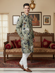Men Digital Print Cotton Kurta | Mandarin Collar, Side Pockets, Button Closure | Ethnic Wear for Men – Machine Washable