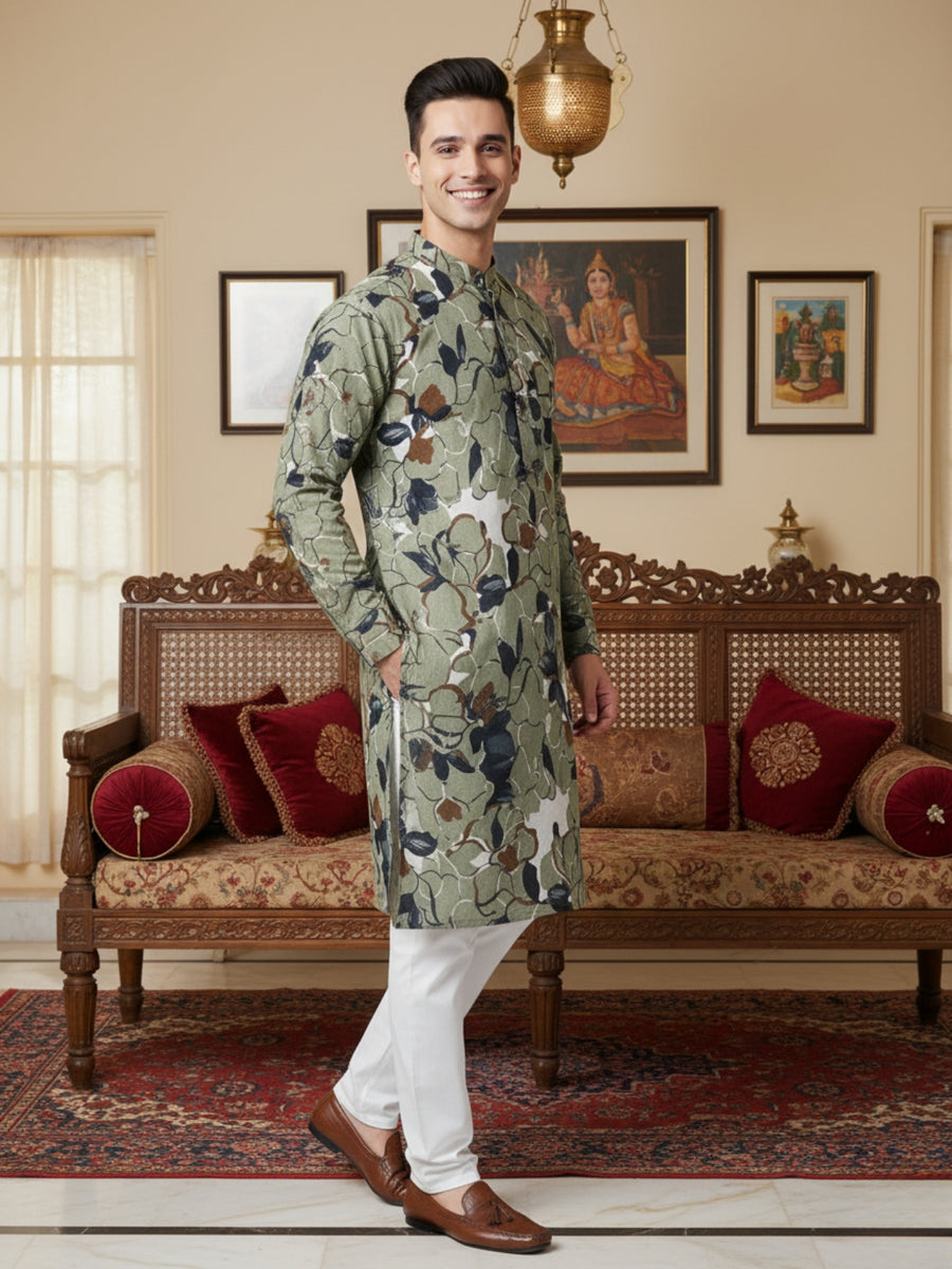 Men Digital Print Cotton Kurta | Mandarin Collar, Side Pockets, Button Closure | Ethnic Wear for Men – Machine Washable