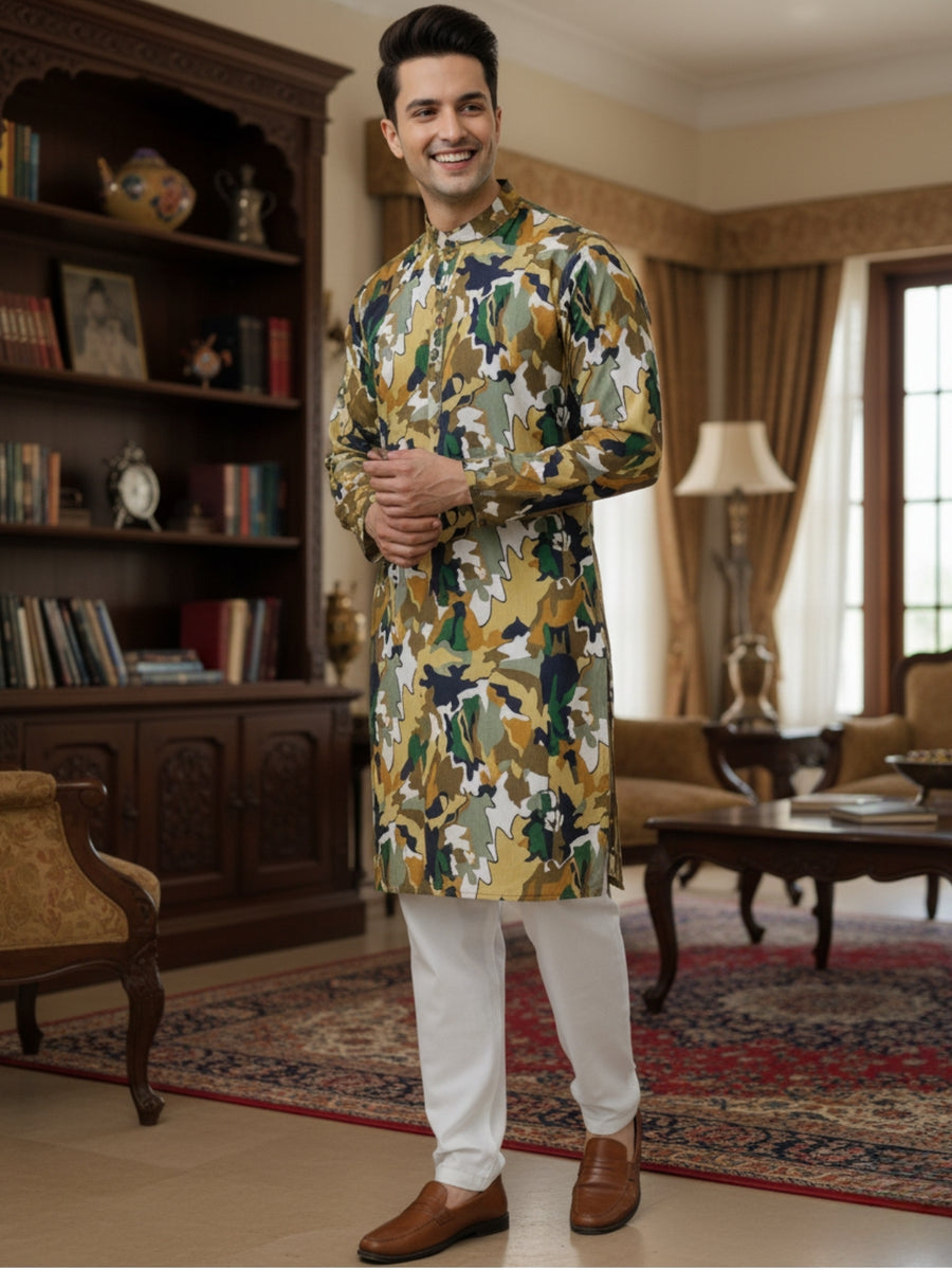 Men Digital Print Cotton Kurta | Mandarin Collar, Side Pockets, Button Closure | Ethnic Wear for Men – Machine Washable