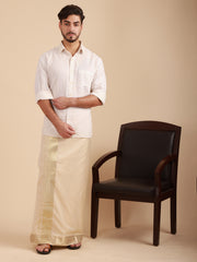 Men Super Fine 2 Ply Cotton Bamboo Solid Beige Colour Premium Jari Dhoti