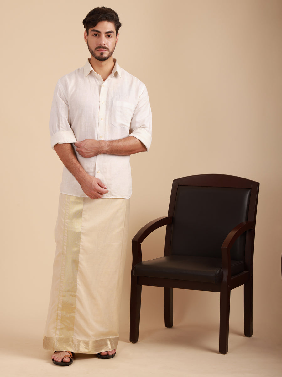 Men Super Fine 2 Ply Cotton Bamboo Solid Beige Colour Premium Jari Dhoti