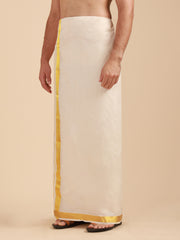 Men Super Fine 2Ply Cotton Regular Dhoti with Gold Jari Border
