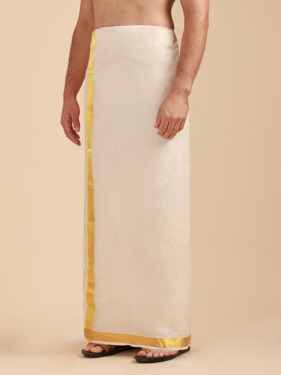 Men Super Fine 2Ply Cotton Regular Dhoti with Gold Jari Border