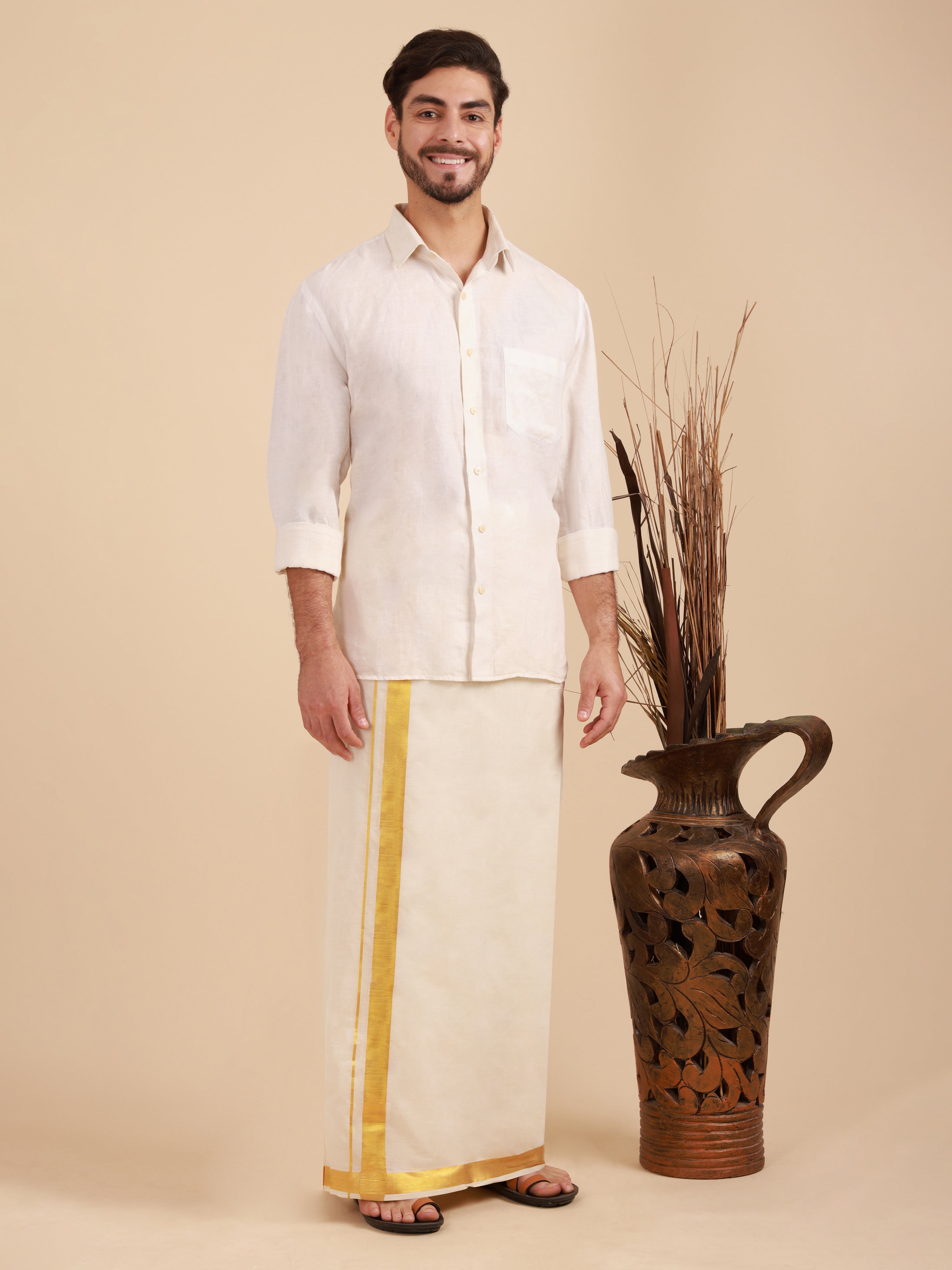 Men Super Fine 2Ply Cotton Regular Dhoti with Gold Jari Border