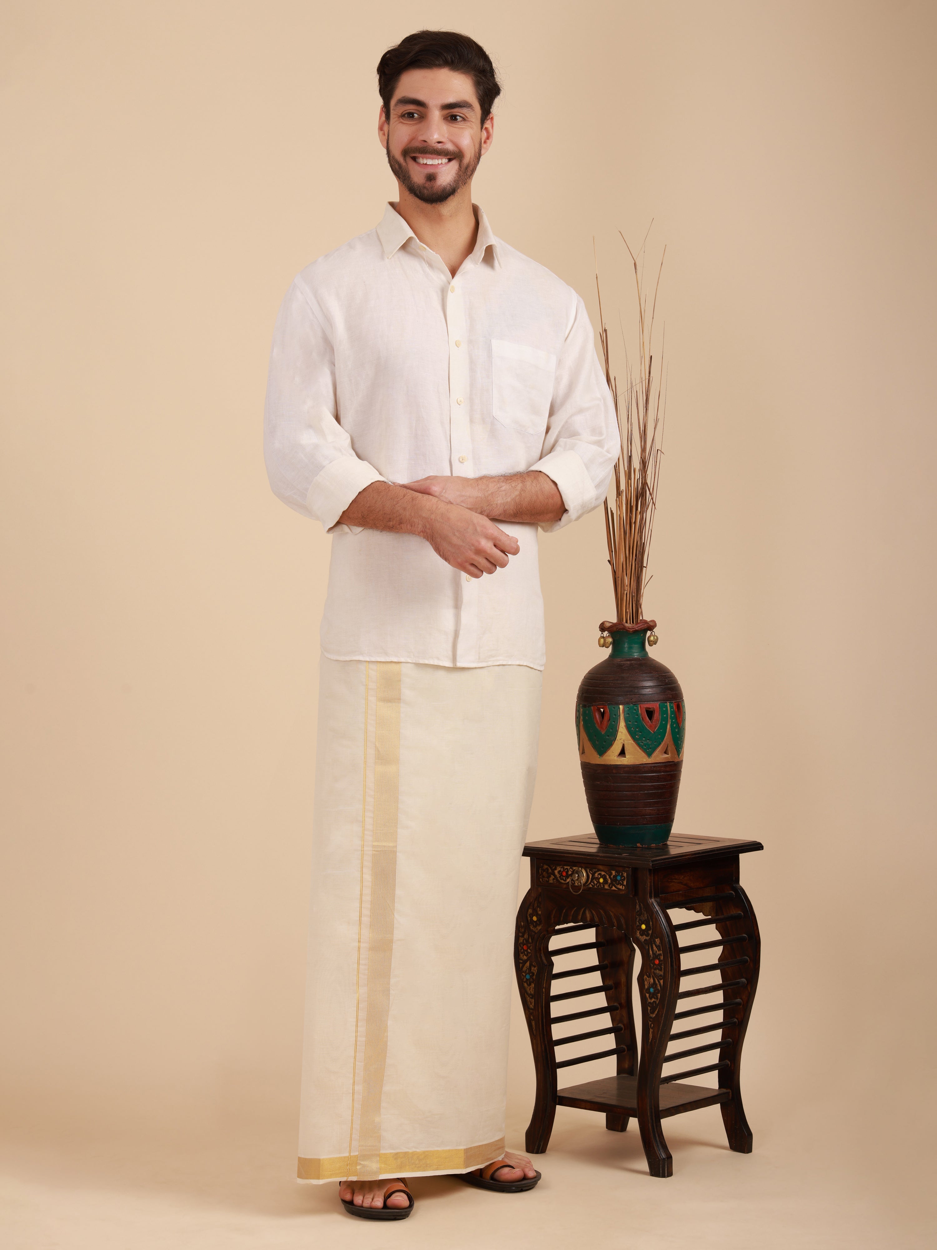 Men Super Fine 2Ply Cotton Regular Dhoti with Gold Jari Border
