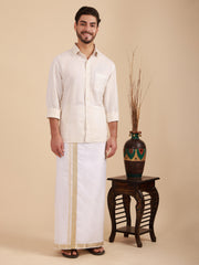 Men Super Fine 2Ply Cotton Regular Dhoti with Gold Jari Border