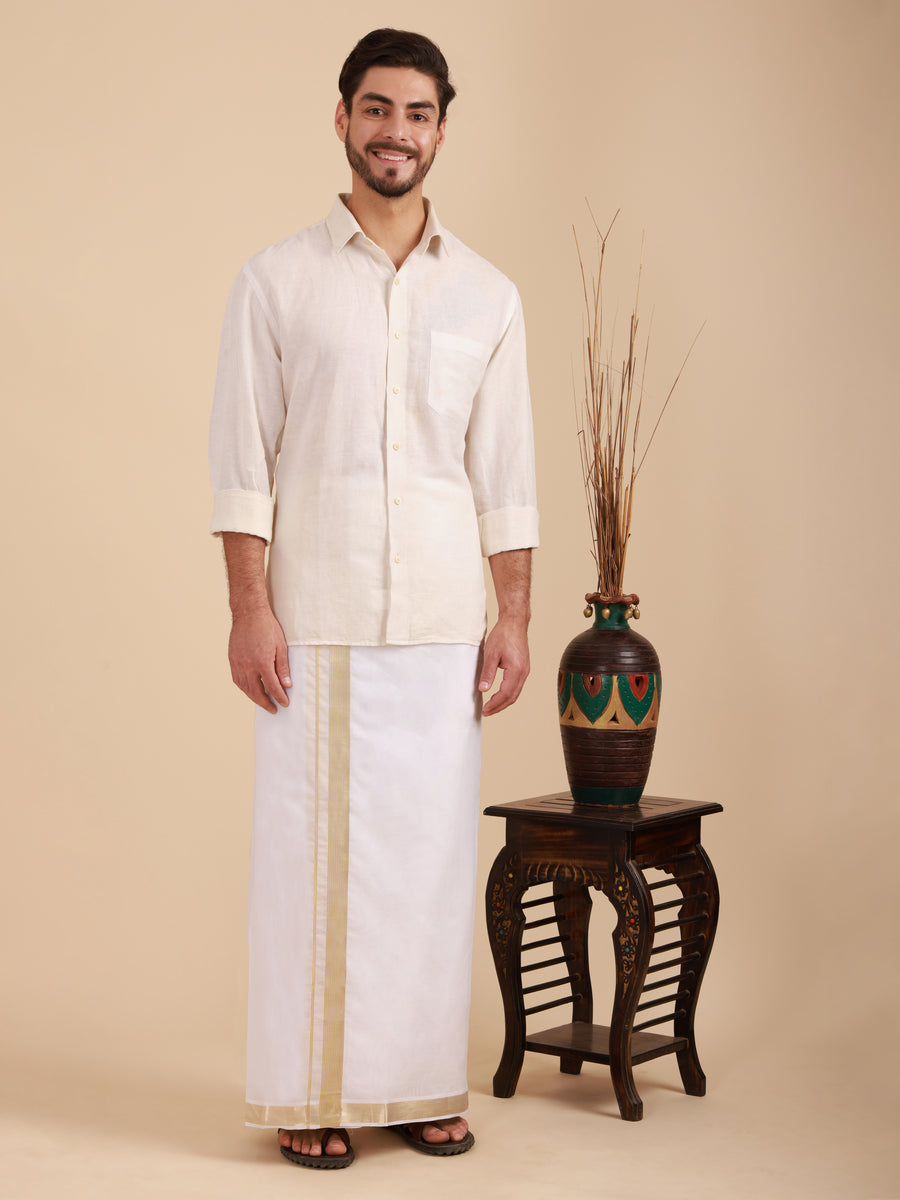 Men Super Fine 2Ply Cotton Regular Dhoti with Gold Jari Border